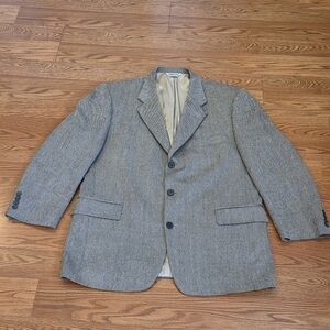 VTG Tweed Jacket L Black Beige Herringbone 100% Lambs Wool Blazer Sport Coat 44R